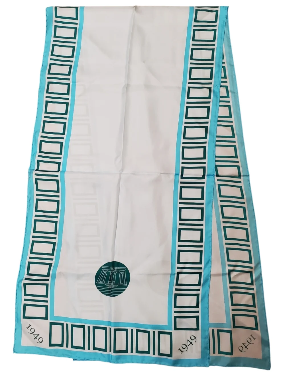 Vntg 100% Silk Scarf Geometric MCM Space Age 1949 Graphic Turquoise Blue. Korea - Picture 3 of 10